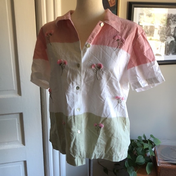 Lemon Grass 90s Y2K Floral Color Block Short Sleeve Button Down - Picture 6 of 8